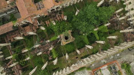 Overhead-view-of-an-abandoned-ceramic-factory-in-Italy,-overgrown-with-plants-and-trees