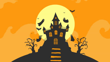 Una-Animación-De-Una-Casa-Embrujada-De-Halloween-Con-Diseño-Plano.