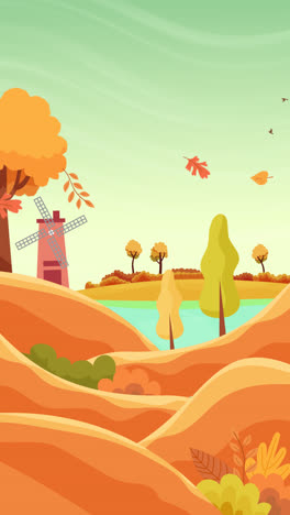 Eine-Animation-Einer-Herbstlandschaft-Im-Flachen-Design-Mit-Windmühle