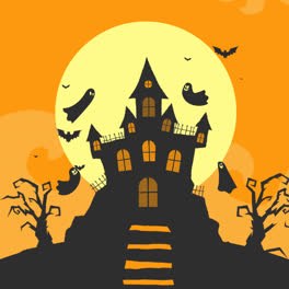 Eine-Animation-Eines-Halloween-Spukhauses-Mit-Flachem-Design