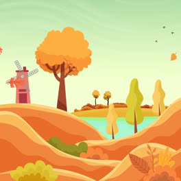 Una-Animación-De-Diseño-Plano-De-Paisaje-Otoñal-Con-Molino-De-Viento.