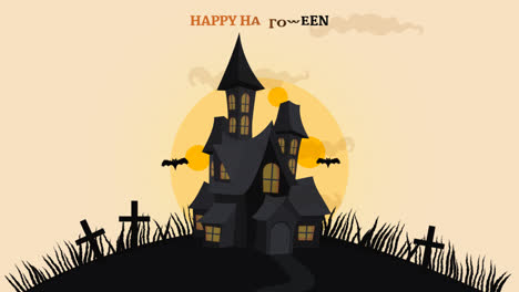 An-animation-of-Halloween-house,-bats-and-full-moon