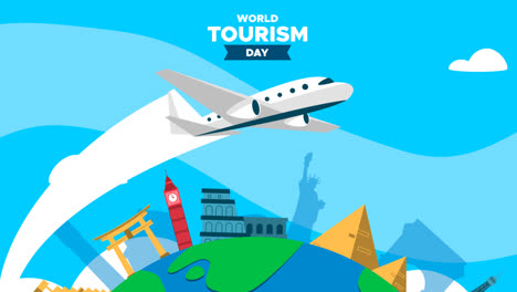 Una-Animación-Del-Día-Mundial-Del-Turismo-Plano-Con-Avión.