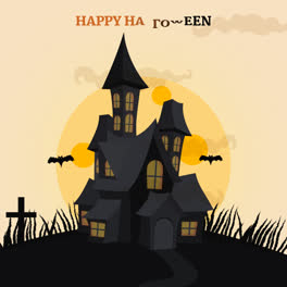 An-animation-of-Halloween-house,-bats-and-full-moon