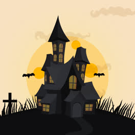 An-animation-of-Halloween-house,-bats-and-full-moon