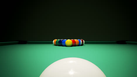 Colorful-billiard-balls-on-the-green-baize-of-a-billiard-table,-waiting-for-the-game-start.-Breaking-the-rack-in-the-pool.-A-strong,-professional-shot-of-cue-ball.