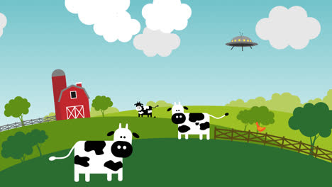 Aliens-shoot-in-a-cow-during-a-sunny-day-on-the-farm.-Animation-presents-a-rural-landscape-with-the-fence-and-meadows-with-the-sunflowers-on-the-small-hills.-Three-cows,-a-chicken,-and-a-barn.