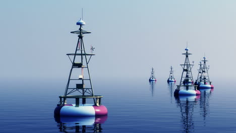 Endless-time-lapse-animation-of-free-floating-buoys-at-the-calm-sea-or-ocean.-Bluish-daily-skylight.-The-infinite-open-space-with-objects-navigating-to-the-nearest-harbor.-Loopable.-HD