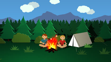 Campsite-with-the-white-tent-and-kids-roasting-marshmallows-on-the-burning-fire.-Sunny-summer-day.-An-Idyllic-landscape-with-grass,-dense-green-forest,-and-mountains.-Perfect-place-for-a-vacation.