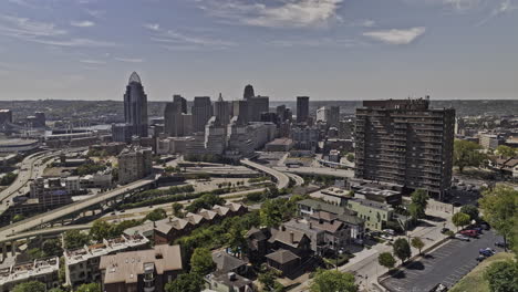 Cincinnati-Ohio-Aerial-v80-flyover-and-around-Mt-Adams-capturing-downtown-cityscape-on-the-skyline-and-views-of-Over-The-Rhine-and-Pendleton-neighborhoods---Shot-with-Mavic-3-Pro-Cine---September-2023