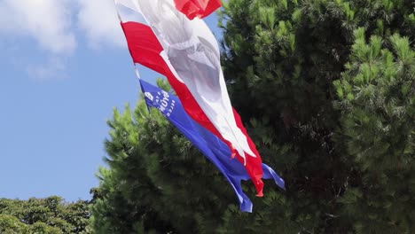 The-Turkish-flag-waves-in-the-wind,-connected-to-a-rope-between-trees-in-Istanbul,-Turkey