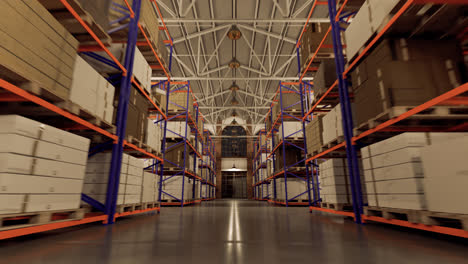 Camera-tracking-back-between-the-shelves-in-the-warehouse-in-the-modern-industrial-storage-building.-Long-shelves-with--different-size-boxes-and-containers.-Background-for-logistics,-distribution.-4k