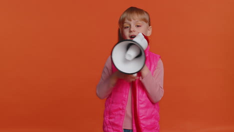 Smiling-toddler-girl-talking-with-megaphone,-proclaiming-news,-loudly-announcing-sale-advertisement