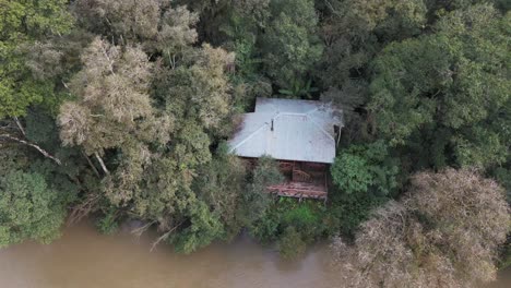 Rainforest-jungle-house-by-the-riverside-banks,-aerial-deep-forest-tree-canopy