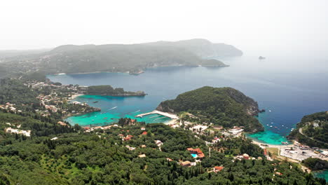 Aerial-drone-shot-over-the-picturesque-rocky-coastline-of-Paleokastritsa-bay-in-Corfu,-Greece