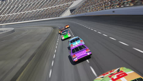 Animation-of-generic-speeding-race-cars-on-curve-racetrack.-Competitive-high-speed-super-fast-motorsport-event-arena.-Driving-on-the-stadium-full-of-spectators.-Camera-follows-racing-cars.-4k