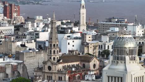 Montevideo-Uruguay-Downtown,-Church-Towers,-National-Customs-Building,-Drone-Shot-60fps