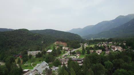 Drone-shot-over-town-near-Lake-Bohinj-in-Slovenia