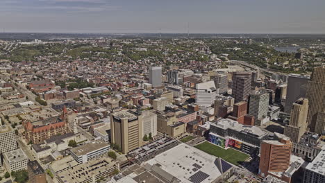 Cincinnati-Ohio-Aerial-v76-drone-flyover-downtown-capturing-cityscape-of-central-area,-Over-The-Rhine-and-West-End-neighborhoods-from-above-at-daytime---Shot-with-Mavic-3-Pro-Cine---September-2023