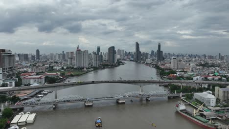 Bangkok-river,-high-rise-buildings,-infrastructure-and-traffic