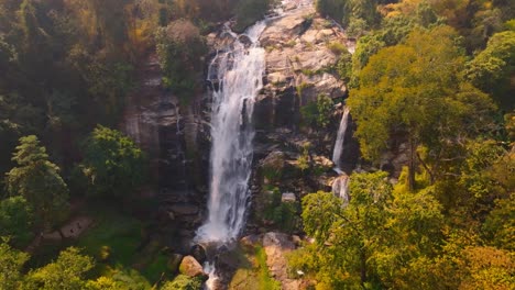 4K-aerial-drone-footage-of-Wachirathan-Waterfall,-Chiang-Mai,-Thailand,-Asia