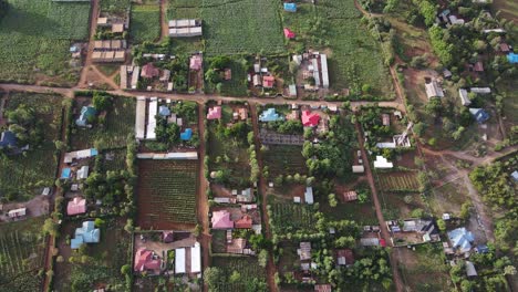 Vista-Aérea-De-Arriba-Hacia-Abajo-De-Un-Pueblo-Agrícola-En-La-Región-De-Amboseli,-Kenia,-África