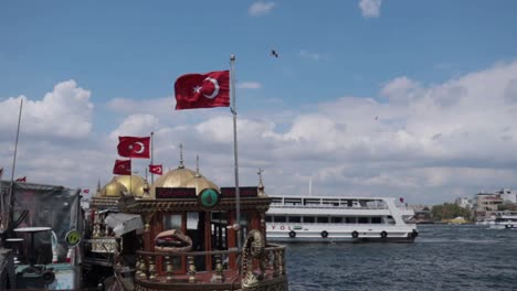 Bay-of-Bosporus,-Istanbul,-Turkey,-tourist-boats-float-on-the-waters-with-Turkish-flags-waving-in-the-wind,-while-seagulls-fly-overhead