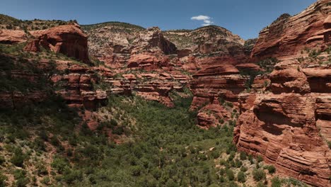 Red-Rock-Mountain-Valley-Mit-Wunderschönen-Grünen-Wäldern-In-Sedona,-Arizona,-Luftaufnahme