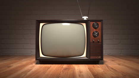 An-exhibition-of-old-fashioned-retro-color-tv-sets-with-antennas.-Electronic-devices-stack-in-front-of-vintage-wallpaper.-Obsolete-television-is-displaying-a-green-screen.