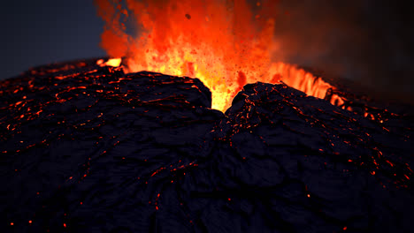 Extreme-close-up-of-spectacular-night-active-volcano-eruption.-Volcanic-crater-throws-away-glowy-orange-fireballs-made-from-magma-rocks,-dust,-and-ashes.-Natural-disaster.