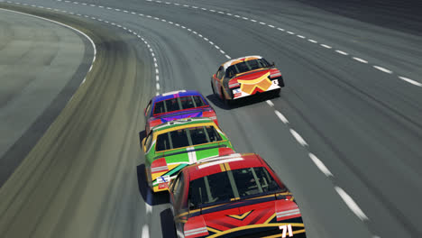 Animation-of-generic-speeding-race-cars-on-curve-racetrack.-Competitive-high-speed-super-fast-motorsport-event-arena.-Driving-on-the-stadium-full-of-spectators.-Camera-follows-racing-cars.-4k