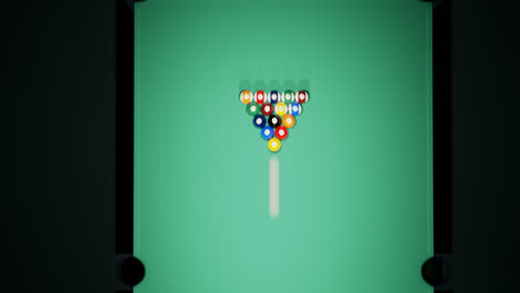 Colorful-billiard-balls-on-the-green-baize-of-a-billiard-table,-waiting-for-the-game-start.-Breaking-the-rack-in-the-pool.-A-strong,-professional-shot-of-cue-ball.