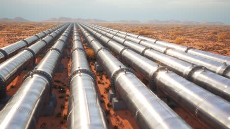 Oleoducto-Y-Bombas-De-Petróleo-En-La-Pradera.-Cámara-Avanzando.-Tres-Corrientes-De-Un-Oleoducto-Que-Atraviesan-Un-Hermoso-Y-Pintoresco-Entorno-De-Pradera-Brumosa.-Transporte-De-Combustible-A-Través-De-Un-Sistema-De-Tuberías.