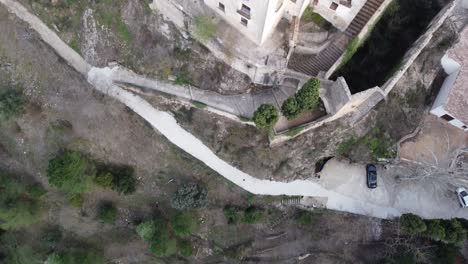 Old-abandoned-castle-landmark-in-Murcia-Alicante-Spain,-aerial-top-down-view