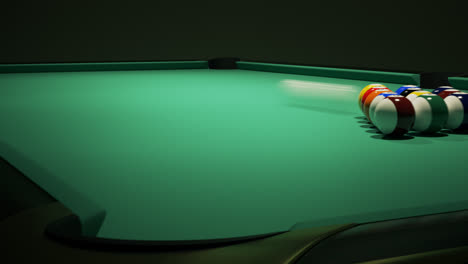 Colorful-billiard-balls-on-the-green-baize-of-a-billiard-table,-waiting-for-the-game-start.-Breaking-the-rack-in-the-pool.-A-strong,-professional-shot-of-cue-ball.