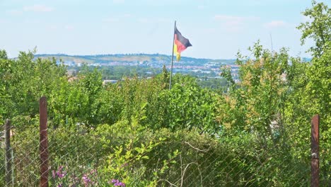 german-flag-swaying-in-the-wind-in-an-allotment-garden,-close-beside-lush-green-trees