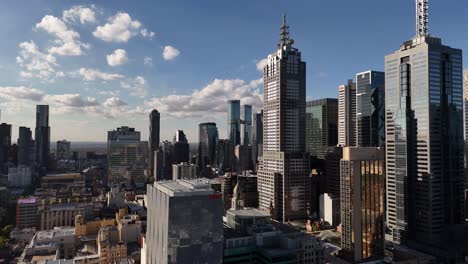 Crane-Shot-Of-High-rise-Buildings,-Melbourne-City-CBD,-Australia