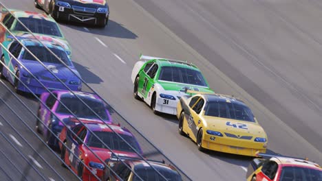 Animación-De-Autos-De-Carrera-Genéricos-A-Toda-Velocidad-En-Una-Pista-De-Curvas.-Arena-De-Eventos-De-Deportes-De-Motor-Súper-Rápidos-Y-De-Alta-Velocidad.-Conducción-En-El-Estadio-Lleno-De-Espectadores.-La-Cámara-Sigue-A-Los-Autos-De-Carrera.-4k