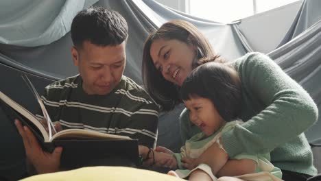 Familia-Asiática-Joven-Divirtiéndose-Mientras-Leen-Un-Libro-Juntos-En-Casa