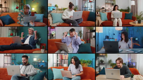 Collage-of-smiling-happy-people-men-women-use-laptop-celebrating-win-good-news-play-game-at-home