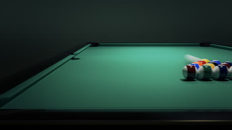 Colorful-billiard-balls-on-the-green-baize-of-a-billiard-table,-waiting-for-the-game-start.-Breaking-the-rack-in-the-pool.-A-strong,-professional-shot-of-cue-ball.