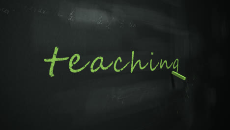 Animation-of-green-chalk-writing-the-English-word-‘teaching’-on-a-black-chalkboard.-The-camera-slowly-moves-down.-Perfect-for-learning-concept-and-teaching-purposes.