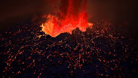 Extreme-close-up-of-spectacular-night-active-volcano-eruption.-Volcanic-crater-throws-away-glowy-orange-fireballs-made-from-magma-rocks,-dust,-and-ashes.-Natural-disaster.