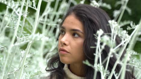 Hermosa-Mujer-De-Cabello-Oscuro-Posando-En-La-Naturaleza,-Vista-De-Retrato