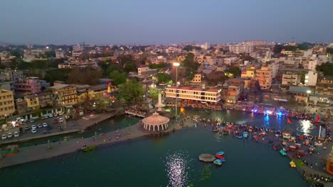 Aerial-view-of-Gandhi-Talav,-Ramkund,-Panchavati-ghat-on-the-sacred-river-Godavari-Nashik,-a-place-of-Hindu-pilgrimage-Maharashtra-India-4K