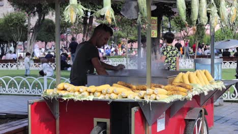 Street-vendor-selling-baked-corn-in-Istanbul,-Turkey