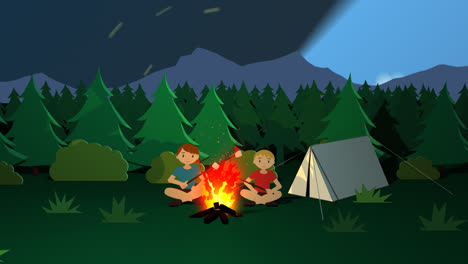 Campsite-with-the-white-tent-and-kids-roasting-marshmallows-on-the-burning-fire.-Sunny-summer-day.-An-Idyllic-landscape-with-grass,-dense-green-forest,-and-mountains.-Perfect-place-for-a-vacation.