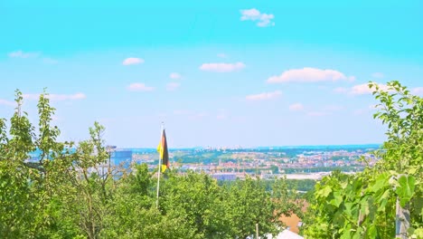 Deutsche-Flagge-Weht-Im-Schrebergarten-Mit-üppigen-Bäumen,-Im-Hintergrund-Ist-Die-Stadt-Zu-Sehen