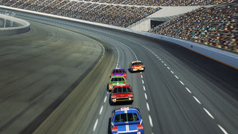 Animation-of-generic-speeding-race-cars-on-curve-racetrack.-Competitive-high-speed-super-fast-motorsport-event-arena.-Driving-on-the-stadium-full-of-spectators.-Camera-follows-racing-cars.-4k