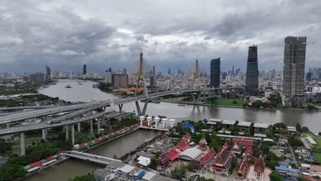 The-Bhumibol-Bridge,-Bangkok,-Thailand,-Aerial-time-lapse-during-daytime,-City-skyline-and-Menam-river